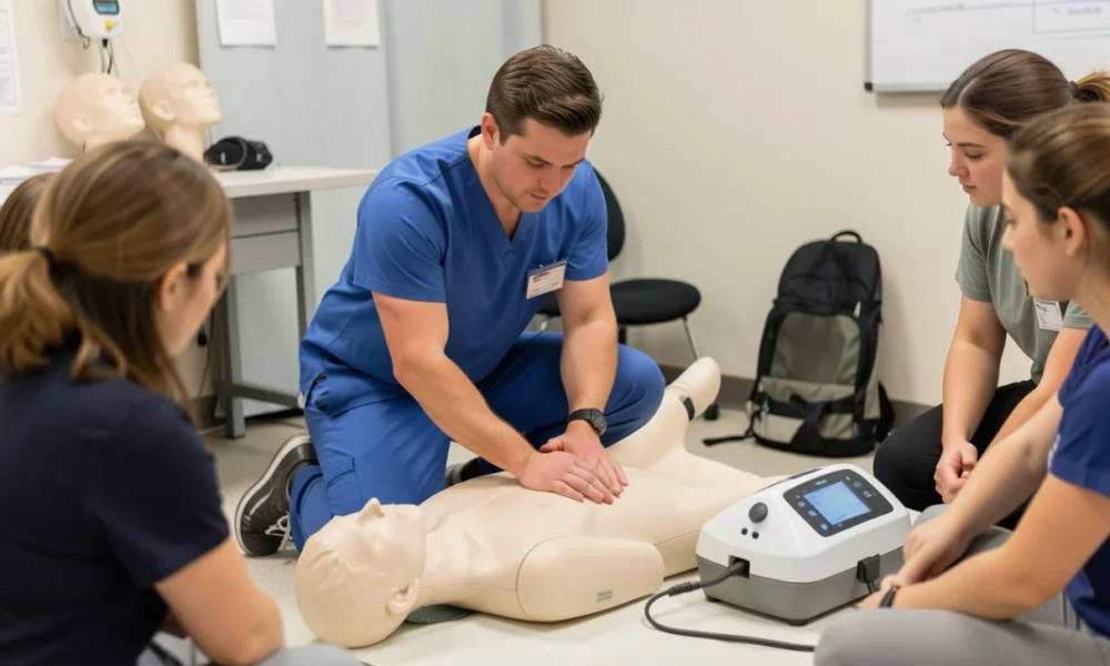A BLS instructor in blue scrubs demonstrates proper chest compression technique on a medical manikin to a group of diverse healthcare students during a CPR training session in a simulation lab.