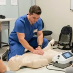 A BLS instructor in blue scrubs demonstrates proper chest compression technique on a medical manikin to a group of diverse healthcare students during a CPR training session in a simulation lab.