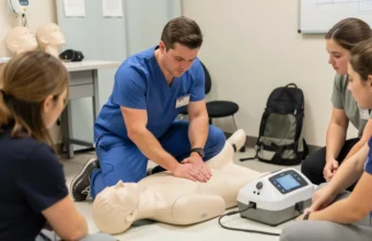 A BLS instructor in blue scrubs demonstrates proper chest compression technique on a medical manikin to a group of diverse healthcare students during a CPR training session in a simulation lab.