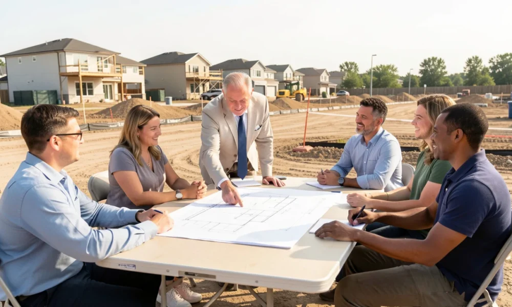 Professional site meeting with local construction project manager and homeowners reviewing blueprints at a residential build, highlighting the benefits of hiring local construction companies.