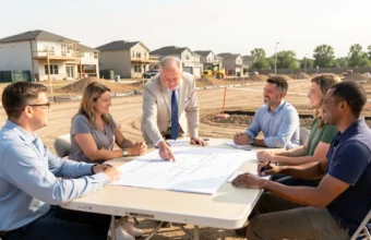 Professional site meeting with local construction project manager and homeowners reviewing blueprints at a residential build, highlighting the benefits of hiring local construction companies.