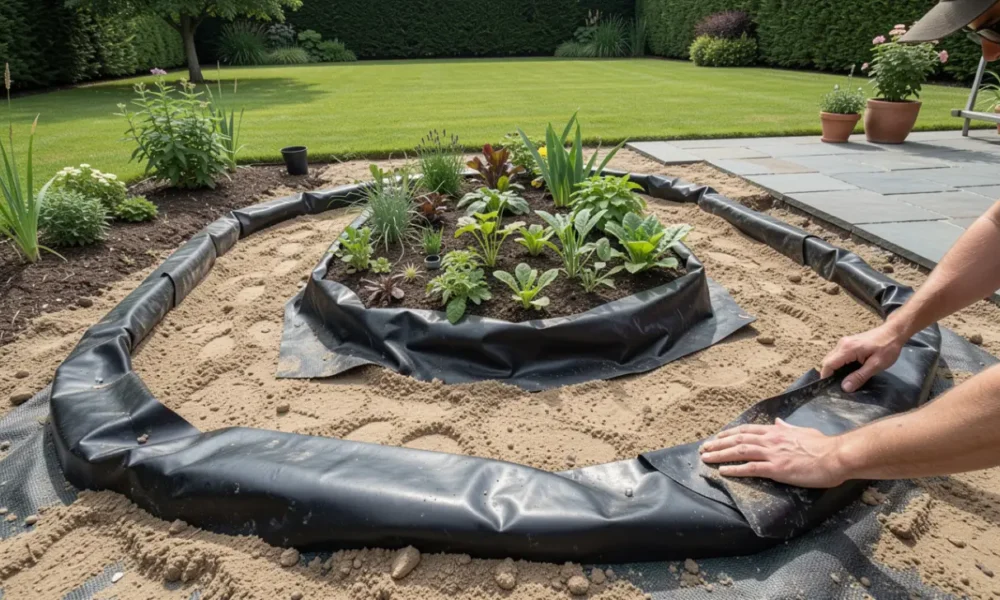 Person installing a black butyl pond liner over geotextile underlay in a prepared garden excavation with curved edges and depth zones for a UK backyard pond.