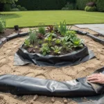 Person installing a black butyl pond liner over geotextile underlay in a prepared garden excavation with curved edges and depth zones for a UK backyard pond.