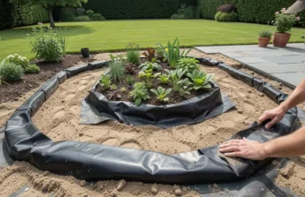 Person installing a black butyl pond liner over geotextile underlay in a prepared garden excavation with curved edges and depth zones for a UK backyard pond.