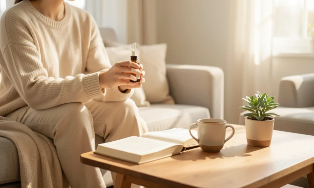 Woman holding CBD oil bottle while relaxing on sofa in sunlit living room with tea and book, representing natural wellness and stress relief.