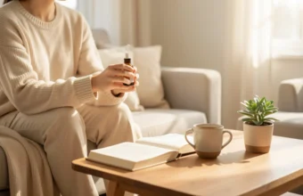Woman holding CBD oil bottle while relaxing on sofa in sunlit living room with tea and book, representing natural wellness and stress relief.