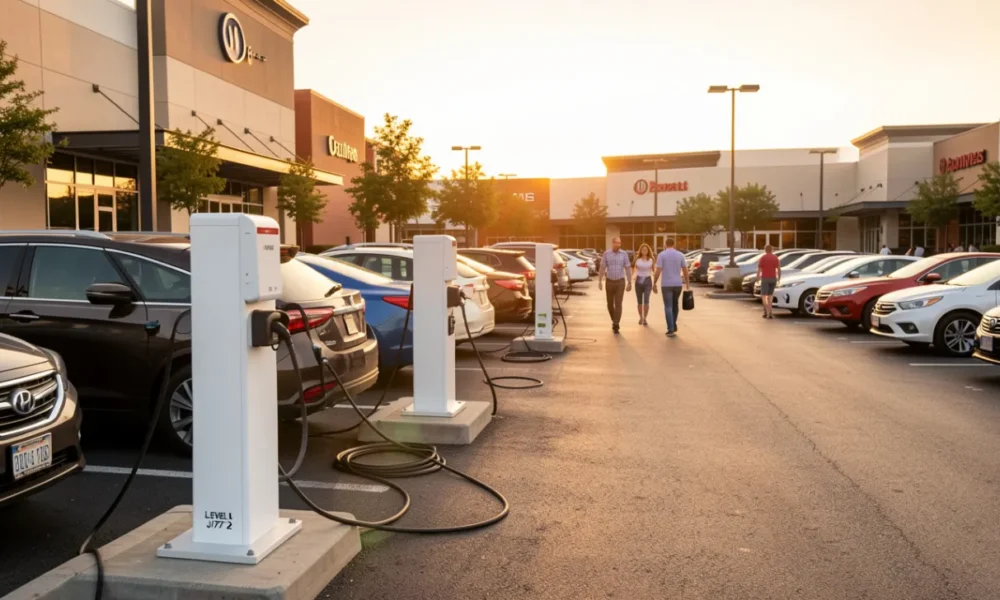 A row of commercial Level 2 EV charging stations in a parking lot, with modern office buildings in the background. Employees charge electric sedans and SUVs, highlighting workplace charging infrastructure, fleet sustainability, and the business case for commercial electric vehicle solutions.