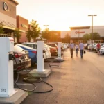 A row of commercial Level 2 EV charging stations in a parking lot, with modern office buildings in the background. Employees charge electric sedans and SUVs, highlighting workplace charging infrastructure, fleet sustainability, and the business case for commercial electric vehicle solutions.