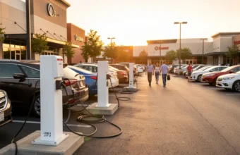 A row of commercial Level 2 EV charging stations in a parking lot, with modern office buildings in the background. Employees charge electric sedans and SUVs, highlighting workplace charging infrastructure, fleet sustainability, and the business case for commercial electric vehicle solutions.