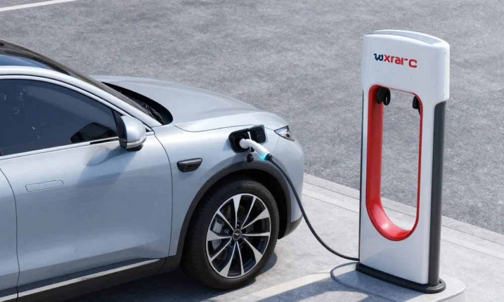 Modern electric vehicle charging at a public station in a city