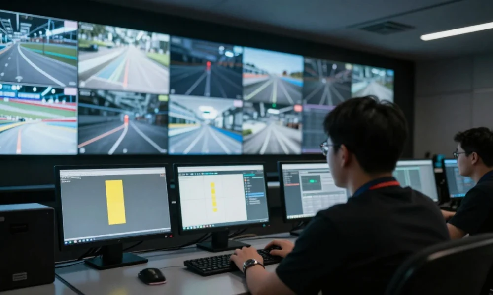 Modern motorsport race control room with official monitoring electronic flag system software and live telemetry data on multiple LED screens for track safety and car performance.