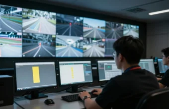 Modern motorsport race control room with official monitoring electronic flag system software and live telemetry data on multiple LED screens for track safety and car performance.