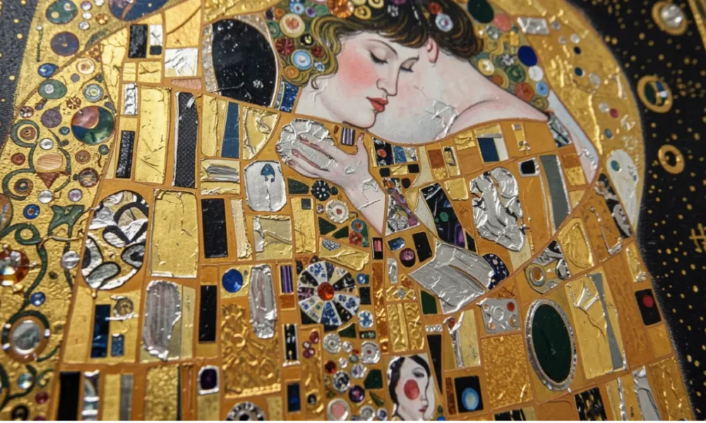 Gustav Klimt's most famous painting, The Kiss (1907-1908), a Golden Phase masterpiece in oil and gold leaf on canvas, on display at the Belvedere Museum in Vienna, Austria. The painting depicts an intimate, embracing couple adorned in elaborate golden geometric and floral patterns.