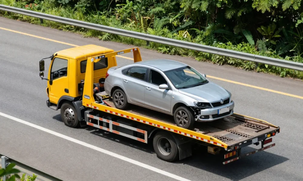 A professional towing company operator in a high-visibility vest loads a silver sedan onto a yellow flatbed tow truck on a highway, demonstrating safe vehicle transport and roadside assistance.