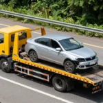 A professional towing company operator in a high-visibility vest loads a silver sedan onto a yellow flatbed tow truck on a highway, demonstrating safe vehicle transport and roadside assistance.