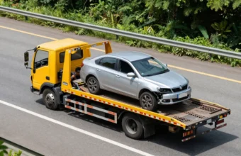 A professional towing company operator in a high-visibility vest loads a silver sedan onto a yellow flatbed tow truck on a highway, demonstrating safe vehicle transport and roadside assistance.