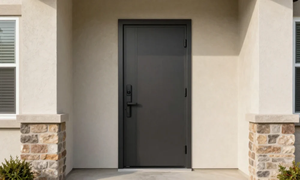 Modern suburban home exterior with new steel entry door, smart lock, insulated garage door, fresh fiber cement siding, and colorful landscaping, showcasing high-ROI home repairs that increase property value in 2026.