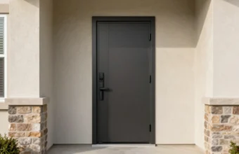 Modern suburban home exterior with new steel entry door, smart lock, insulated garage door, fresh fiber cement siding, and colorful landscaping, showcasing high-ROI home repairs that increase property value in 2026.