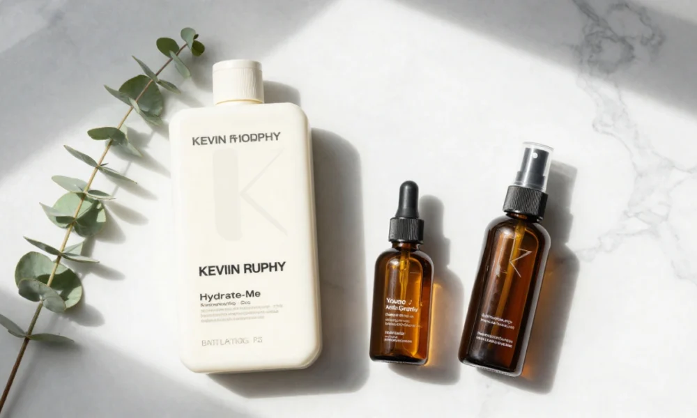 Kevin Murphy hair products arranged on marble surface including Hydrate-Me shampoo and conditioner, Young Again treatment oil, and styling spray for healthy, voluminous hair.