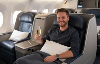 Man enjoying a last minute business class deal to Europe, relaxing in a premium lie-flat seat with a glass of champagne during a flight.