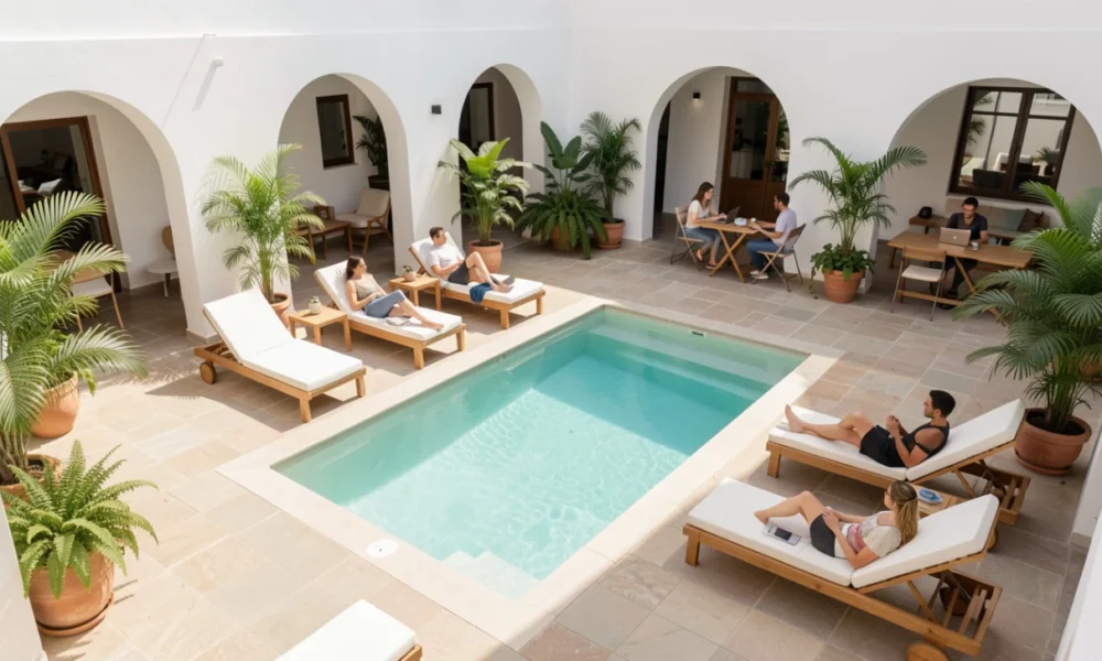 Guests relaxing on sun loungers by the outdoor pool in the modern courtyard at Líbere Córdoba Patio Santa Marta hostel, Cordoba, Spain.