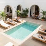 Guests relaxing on sun loungers by the outdoor pool in the modern courtyard at Líbere Córdoba Patio Santa Marta hostel, Cordoba, Spain.