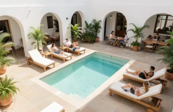 Guests relaxing on sun loungers by the outdoor pool in the modern courtyard at Líbere Córdoba Patio Santa Marta hostel, Cordoba, Spain.