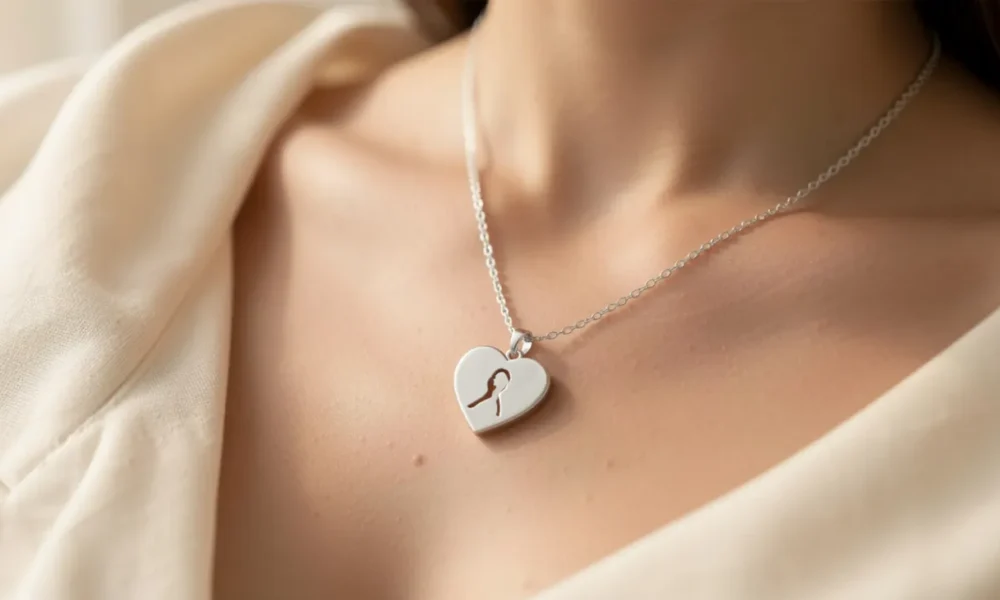 A Lover Girl Necklace featuring a sterling silver heart charm with a feminine figure inside, worn on a delicate chain against a soft cream background.