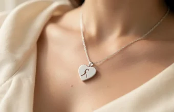 A Lover Girl Necklace featuring a sterling silver heart charm with a feminine figure inside, worn on a delicate chain against a soft cream background.