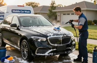 Professional mobile car wash technician cleaning a luxury SUV in a residential driveway with foam cannon and pressure washer, showcasing on-location service convenience