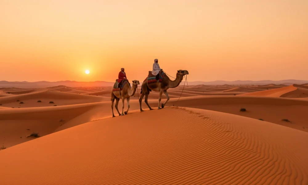 A Morocco desert tour camel trek at sunset on the orange sand dunes of Erg Chebbi near Merzouga, featuring a Berber guide and a desert camp in the Sahara.