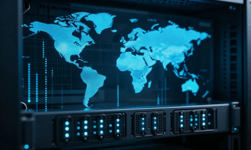 NetNut proxy server infrastructure with glowing digital world map and data center racks representing global ISP-direct residential proxy network and high-speed connection technology