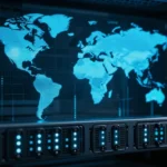 NetNut proxy server infrastructure with glowing digital world map and data center racks representing global ISP-direct residential proxy network and high-speed connection technology