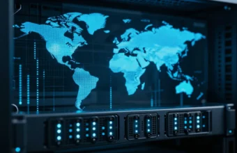 NetNut proxy server infrastructure with glowing digital world map and data center racks representing global ISP-direct residential proxy network and high-speed connection technology