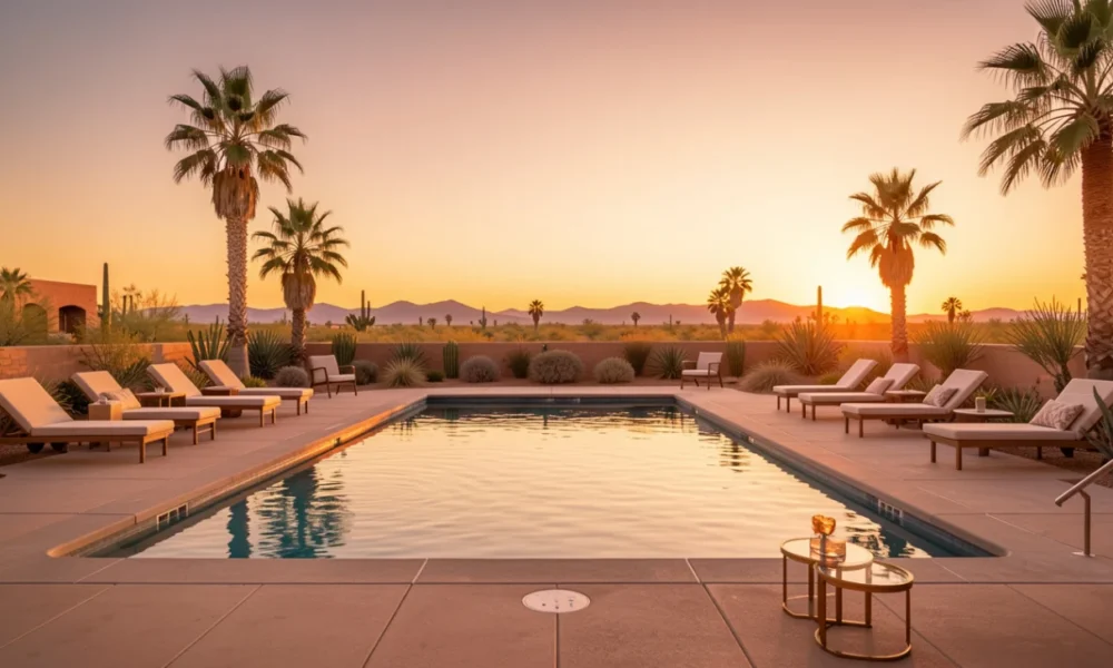 Luxurious midcentury modern hotel pool in Palm Springs at sunset with lounge chairs and mountain views