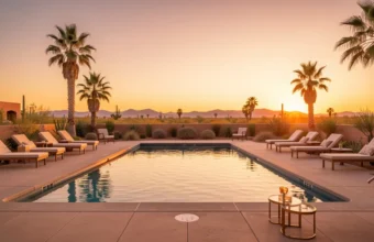 Luxurious midcentury modern hotel pool in Palm Springs at sunset with lounge chairs and mountain views