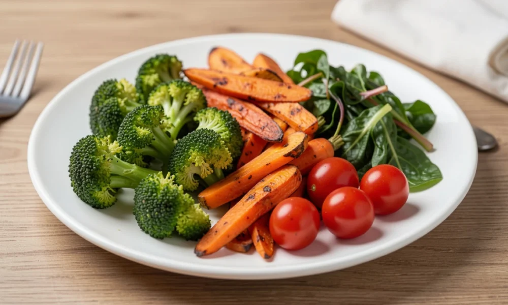 Whole-food plant-based meal with vegetables, quinoa, lentils, chickpeas, and avocado on a plate in a bright kitchen setting