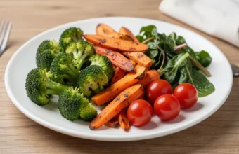 Whole-food plant-based meal with vegetables, quinoa, lentils, chickpeas, and avocado on a plate in a bright kitchen setting
