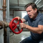 Homeowner shutting off the main water valve during a plumbing emergency to stop a burst pipe leak.