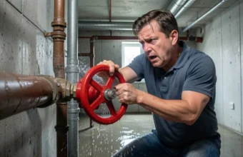 Homeowner shutting off the main water valve during a plumbing emergency to stop a burst pipe leak.