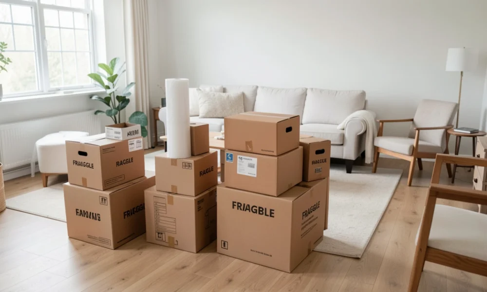 A person packing a moving box with dishes in a sunlit living room, surrounded by stacked cardboard boxes and packing supplies, illustrating an organized moving preparation guide.