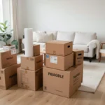 A person packing a moving box with dishes in a sunlit living room, surrounded by stacked cardboard boxes and packing supplies, illustrating an organized moving preparation guide.