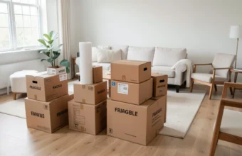A person packing a moving box with dishes in a sunlit living room, surrounded by stacked cardboard boxes and packing supplies, illustrating an organized moving preparation guide.