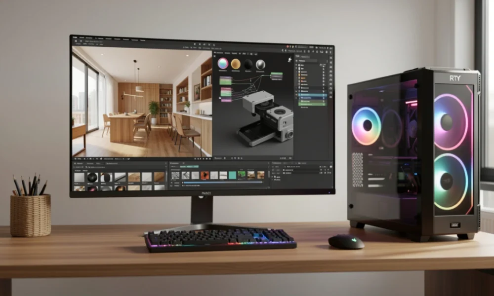 Professional 3D rendering software displayed on a high-end GPU workstation showing photorealistic architectural and product visualization renders with real-time ray tracing and global illumination.