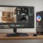 Professional 3D rendering software displayed on a high-end GPU workstation showing photorealistic architectural and product visualization renders with real-time ray tracing and global illumination.