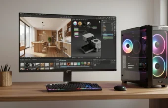 Professional 3D rendering software displayed on a high-end GPU workstation showing photorealistic architectural and product visualization renders with real-time ray tracing and global illumination.