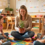 A photorealistic portrait of a female elementary school teacher, reminiscent of Terri Ann Ficca, engaging with young students in a bright classroom, symbolizing her dedication to education and outdoor learning.