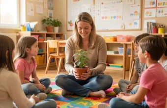 A photorealistic portrait of a female elementary school teacher, reminiscent of Terri Ann Ficca, engaging with young students in a bright classroom, symbolizing her dedication to education and outdoor learning.