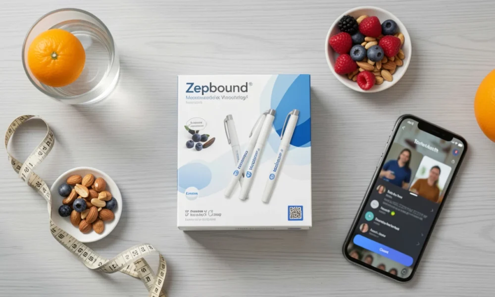 Tirzepatide weight loss injection pens Zepbound and Mounjaro arranged with healthy food, fruit, and a measuring tape on a table, representing prescription medication for chronic weight management and obesity treatment.