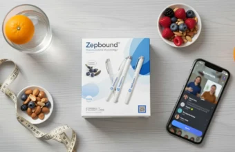 Tirzepatide weight loss injection pens Zepbound and Mounjaro arranged with healthy food, fruit, and a measuring tape on a table, representing prescription medication for chronic weight management and obesity treatment.